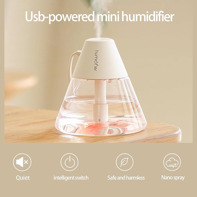 INVODA Mini Humidifiers, 260ml USB Personal Cool Mist Humidifier Cute Volcanoes Desktop Air Humidifier Quiet Night Light Small Humidifiers for Car, Office, Bedroom, Travel (White)