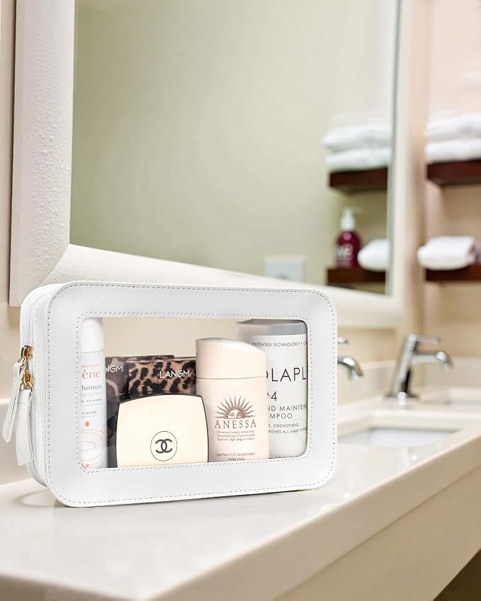 LETGO Clear Sunscreen Makeup Bags Pouch, TSA Approved Toiletry Bag with Zipper, Portable Make Up Organizer Traveling Compact Car Bag for Beach Essentials(Clear-White)