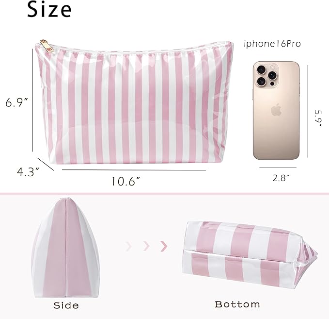 Large PVC Waterproof Striped Makeup Bag,Clear Coated Cosmetic Bags,Easy to Clean,Travel Organizer Zipper Pouch Beach Vacation Essentials for Women Girls(04Pink Stripe)