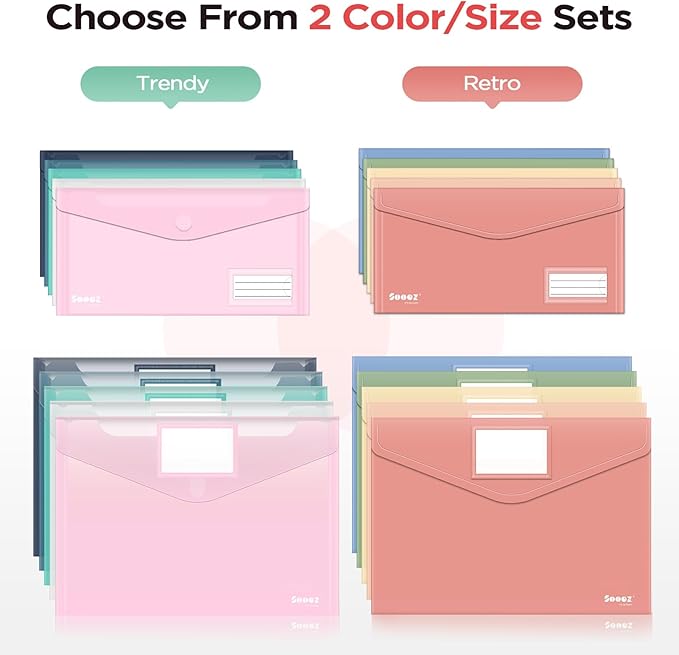 Sooez 20Pack Plastic Envelopes, Plastic File Folders, Clear Folders for Documents Trendy Colors, Super Heavyweight Document Holders, Storage Pouches, File Envelopes for School Office Supplies