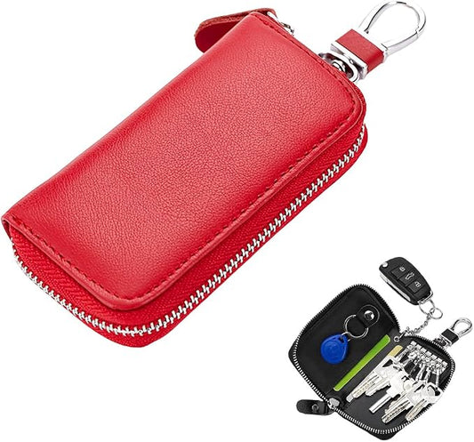 Leather Car Key Holder Bag, Unisex Key Fob Case with 6 Hooks, Zipper Closure Keychian Case Wallet for Smart Keys (Red)