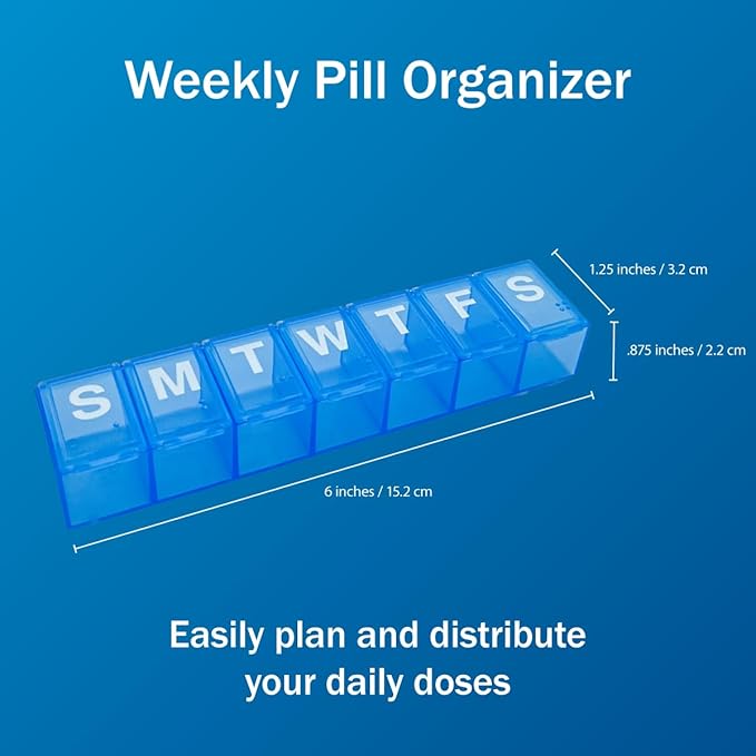 Amazon Basic Care 7-Day Weekly Pill Organizer, Portable Medicine and Vitamin Planner Box with Medium Compartments, Blue (Pack of 2)