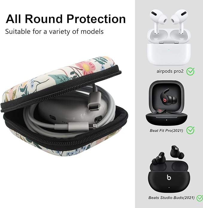 Earbud Case,Headphone Organizer Earbud Storage Bag, Hard EVA Shockproof Cover Carrying Case with Carabiner Clip Compatible with AirPods 4 AirPods Pro 2nd /3/2/1 Bose Galaxy Buds (Flower)
