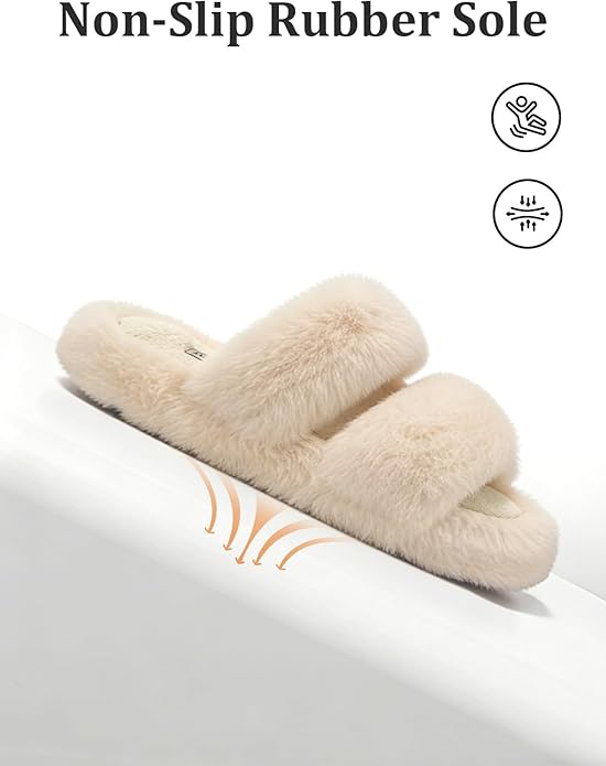 FamilyFairy Women's Fluffy Faux Fur Slippers Comfy Open Toe Two Band Slides with Fleece Lining and Rubber Sole