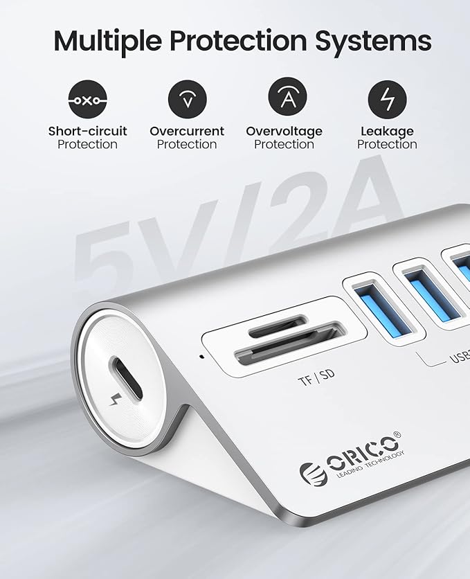 ORICO 5-Port USB 3.2 Gen1 Hub, Desktop USB 3.0Hub with 3 USB-A, SD/TF Card Reader, 5V 2A Power Supply Port, 5Gbps Aluminium USB-Splitter with 1.64Ft USB-C to USB-A/C Cable for iMac, MacBooks, Mac mini