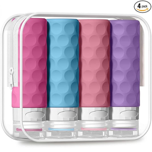 Silevoler Travel Bottles for Toiletries, 4pcs Tsa Approved 3oz Travel Size Containers, BPA Free Leak Proof Premium Silicone Bottles, Refillable Liquid Squeezable Accessories W/Toiletry Bag (Vibrant)