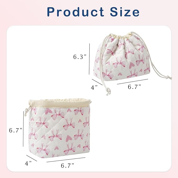 uekeboag Cotton Quilted Drawstring Makeup Bag with Canvas Lining,Coquette Aesthetic Cute Travel Toiletry Bag,Drawstring Gift Bag for Women and Girls（14Heart Bow）