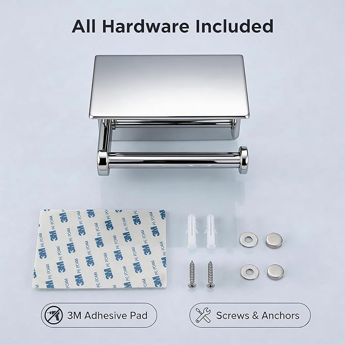 Toilet Paper Holder with Shelf, Heavy-Duty Stainless Steel Bathroom Hardware, Self-Adhesive No-Drill/Drill-Mount Wall-Mounted Roll Holder, Rust-Proof Bathroom Tissue Rack (Chrome)