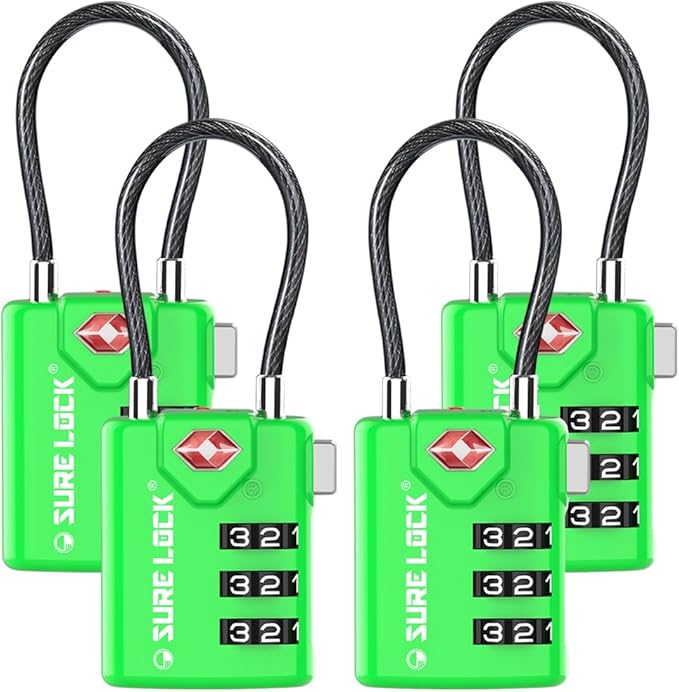 SURE LOCK TSA Approved Luggage Locks with Open Alert Indicator, 3 Digit Combination Cable Travel Lock for Suitcase, Backpack, Gym Locker, Toolbox & Travel Bag（Green 4 Pack）