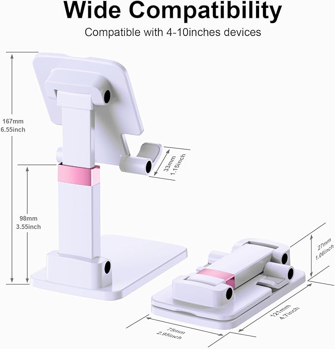 Phone Stand for Desk, Cell Phone Holder Adjustable Office Cellphone Stand for Desk Adjustable Tablet Stands Compact Design for iPhone iPad Android Devices Under 12", White