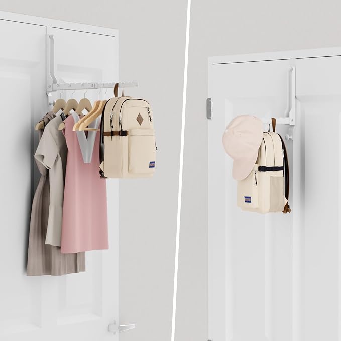 BAKON Heavy Duty Over the Door Hooks with 10 Ridges,Compact Double Folding Over the Door Hanger for Bathroom Bedroom Laundry, Over Door Drying Rack, Space Saving Over Door Hanger, Rustproof (1, White)