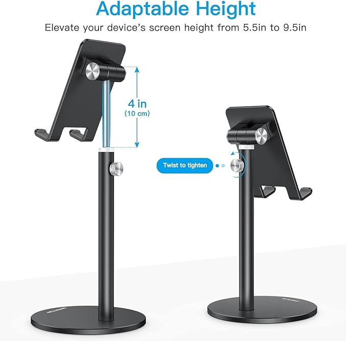 OMOTON Cell Phone Stand, Angle Height Adjustable Phone Stand, Aluminum Desktop Phone Holder Dock Stand for Desk, Compatible with iPhone Air/17 Pro Max/, All Smartphones and Tablets(4-11''), Black