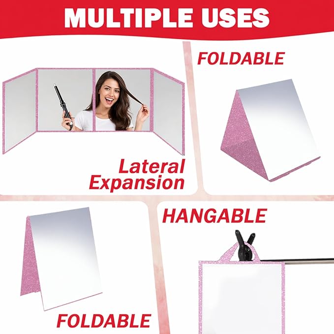 Foldable Full Length Mirror, 2 in 1 Hangable & Tabletop Acrylic Mirror, Portable Travel Mirror with Handle for Dance Bedroom Wardrobe Stage Makeup Checks Camping Outdoor Use (47" x 12.5", Tri-Fold)