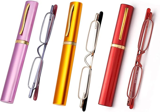 Viseng Slim Mini Metal Reading Glasses Compact Lightweight Portable Readers with Glasses Case for Reading Case,Gold+Purple+Red+1.0