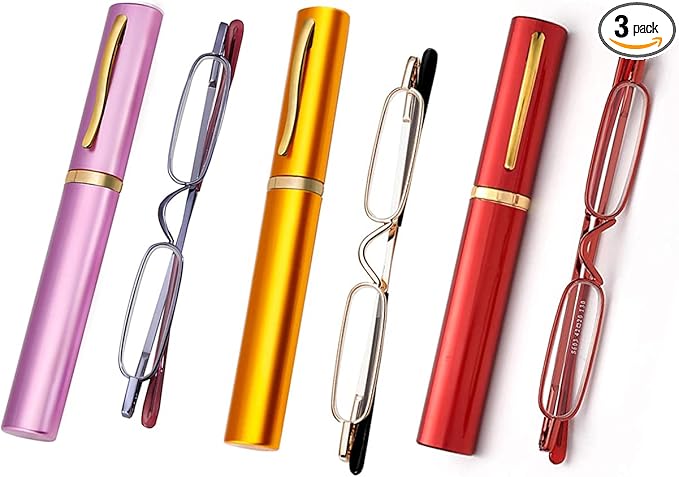 Viseng Slim Mini Metal Reading Glasses Compact Lightweight Portable Readers with Glasses Case for Reading Case,Gold+Purple+Red+2.0