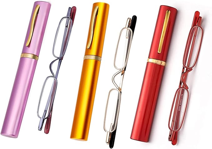 Viseng Slim Mini Metal Reading Glasses Compact Lightweight Portable Readers with Glasses Case for Reading Case,Gold+Purple+Red+2.25