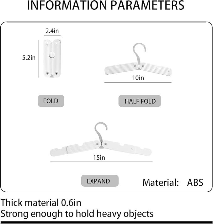 Foldable Travel Hangers, ABS Plastic, Expandable 10-15 Inch, Heavy Duty Clothes Hangers with Space Saving Design for Business Trips (White)