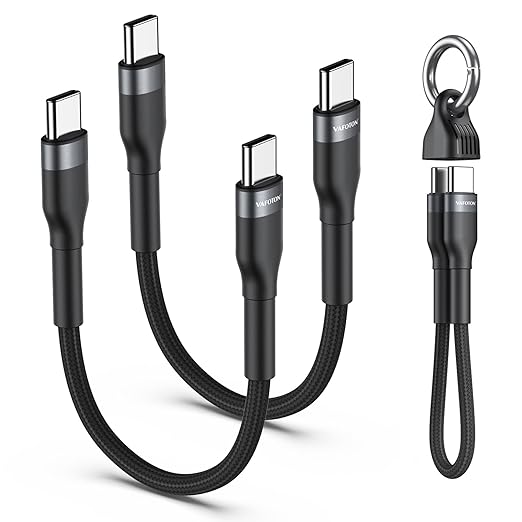 PD 60W Short USB C Cable (2 Pack), Keychain 6 Inch USB C Cable/Nylon Braided Type C to Type C Cables/Fast Charging Cables for 1Phone17/16/15 Series, 1Pad Pro/Air, Samsung Galaxy Series, Google Pixel