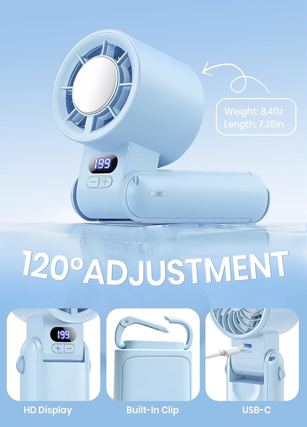 Portable Handheld Turbo Fan, 1-199 Speed Adjustable with LED Display, High-Power Motor, Rechargeable Battery, 4 IN 1 Pocket Design Mini Fans for Indoor/Outdoor/Travel/Work, Blue