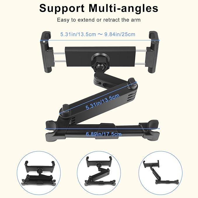Tablet Holder for Car, 3 in 1 Extension Arm Adjustable Car Headrest Tablet Holder Road Trip Essentials Back Seat Tablets Cars Mount Compatible with iPad Pro, Air, Mini, 4.7-11" Devices