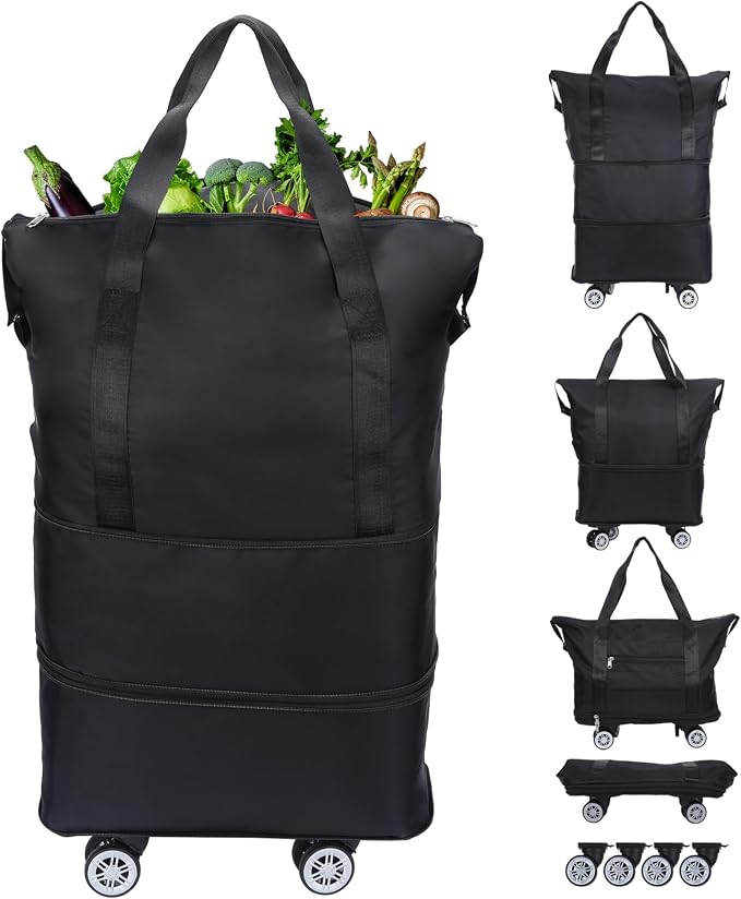 Reusable Grocery Bag on Wheels Shopping Bag with Wheels, Detachable Roller Tote Bag, Luggage Bag, used for Shopping, Camping, Traveling, Giving Gifts to Friends, Large Capacity, Black