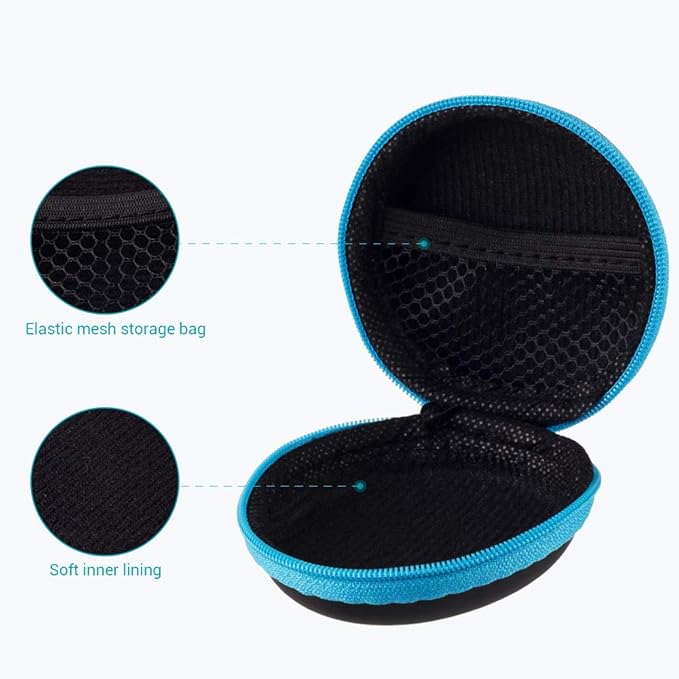 SUNGUY [2-Pack Earbuds Case, Small Round Pocket Earbud Travel Carrying Case Pouch with Carabiners for Earbuds, Headsets, in-Ear Headphones, Hearing Aids, USB Cable and More (Red + Blue)