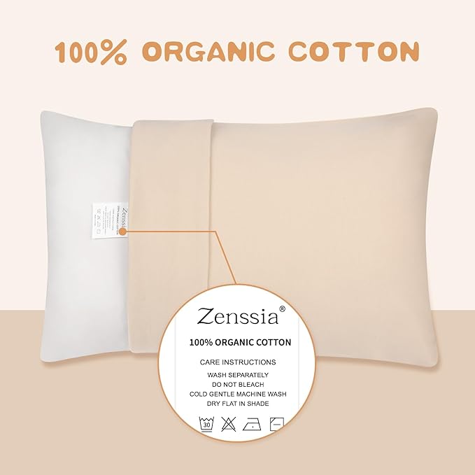 Zenssia Organic Cotton Toddler Pillowcase/Travel Pillowcase Pack of 2 Set 13x18 Inches with Envelope Closure - Soft & Breathable Baby Pillow Case Cover Solid Taupe