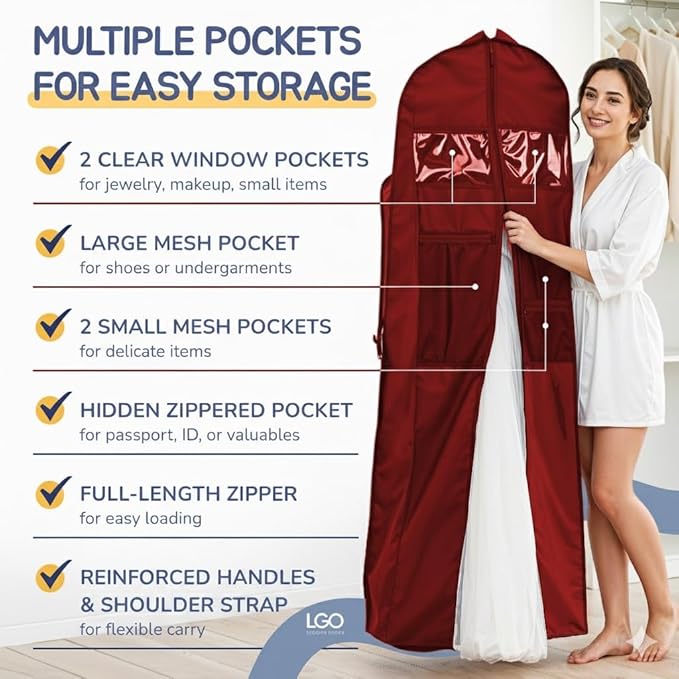 Wedding Dress Garment Bag 72" – Waterproof Trifold Travel Garment Bag for Bridal Gown with Shoulder Strap, Suitcase Sleeve & Accessory Pockets – Fits Full Skirts, Oxford Fabric, Carry Handle
