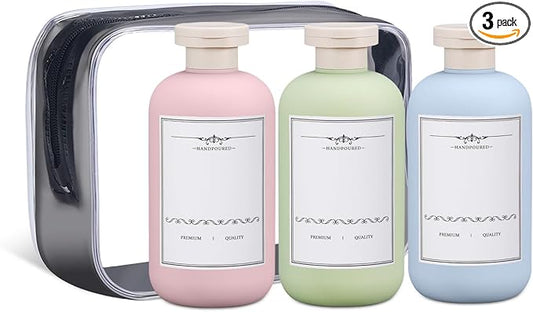 ASEVAT Plastic Leak Proof Travel Bottles for Toiletries, TSA Approved Travel Size Containers, Squeeze Bottles Refillable for Shampoo, Lotion & Body Wash (Blue+Pink+Green, 6.7 oz)