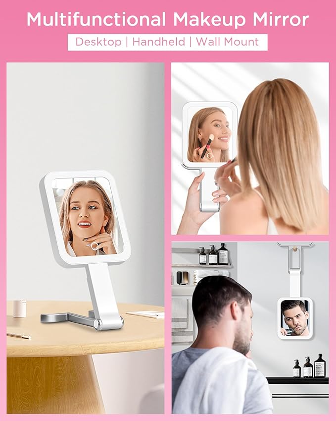 EAONE Magnifying Mirror with LED Light, Double Sided Travel Makeup Mirror 10X/1X with Storage Bag, 3 Color Lighting & Dimmable Touch Screen for Trip, Desk, Bathroom (10.3 x 5.2IN)- Silver