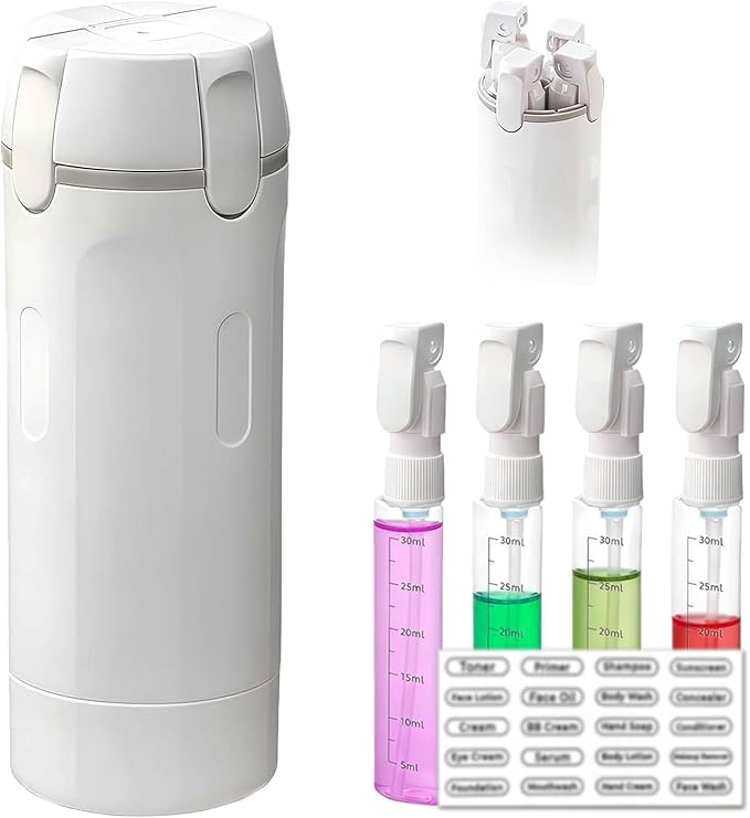 4 in 1 Travel Pump Dispenser Bottle, 30ML 4 Pack Leak-Proof Pump Containers with Measurement Scale & Label Stickers, Portable Bottles for Toiletries, Shower & Travel Use (White)