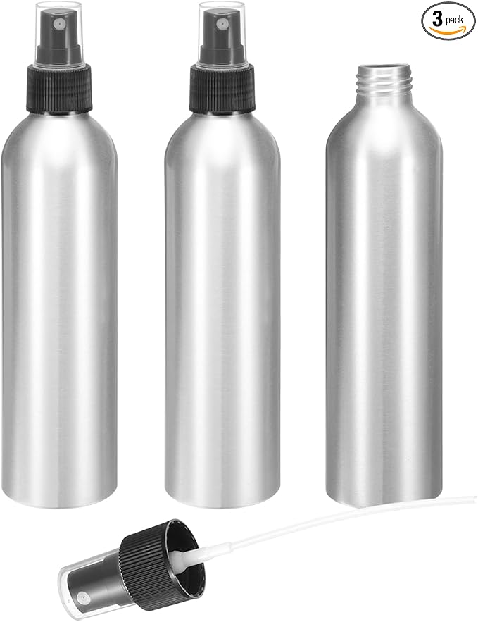 HARFINGTON 3pcs Aluminum Fine Mist Spray Bottles 250ml/8.5oz Metal Small Liquid Alcohol Refillable Travel Container with Black Plastic Nozzle Cap for Perfume Skincare Cosmetic Storage Bottle