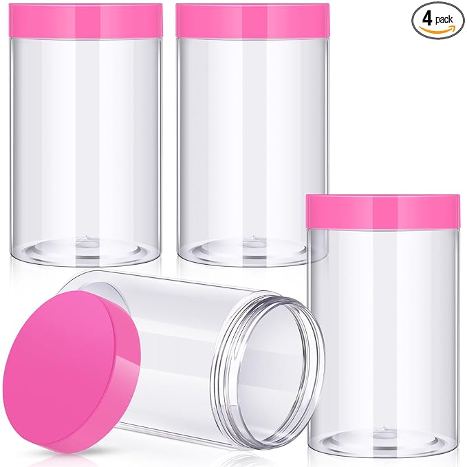 Patelai 4 Pieces Round Wide-mouth Leak Proof Plastic Container Jars with Lids for Travel Storage Makeup Beauty Products Face Creams Oils Salves Ointments DIY Making(12 Ounce,Pink)