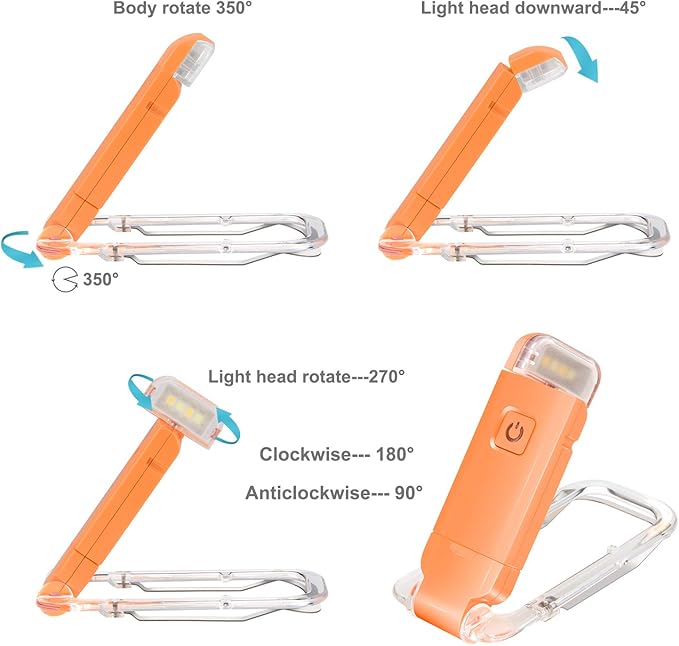 HONWELL Rechargeable Book Light, Clip On LED Reading Lights for Kids Reading in Bed, 3 Brightness Levels Dimmable Bookmark Light for Eye-Protection, Portable Reading Lamp for Bookworms, Travel(Orange)