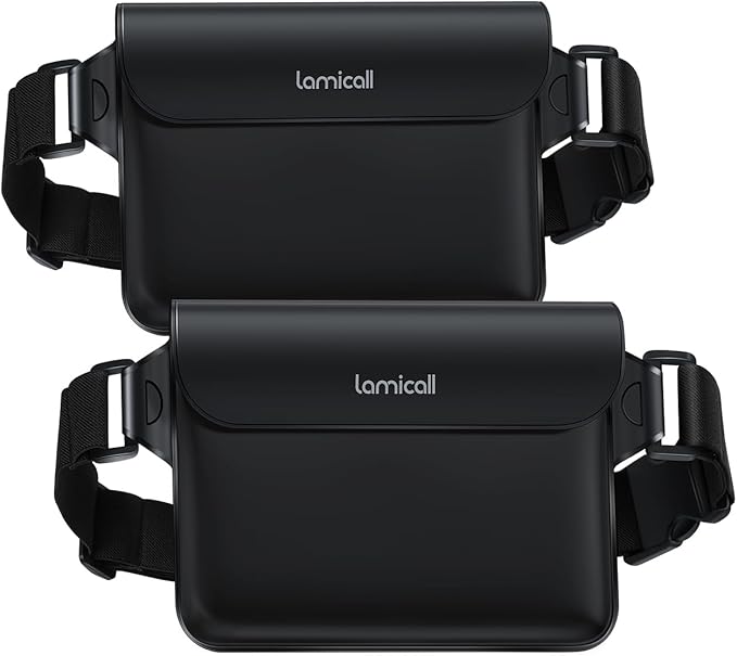 Lamicall Waterproof Fanny Pack Pouch - Large 8.7” Capacity fits iPad Mini & iPhone 17 16 15 Pro Max with Case - IPX8 Submersible Dry Bag for Cruise Essentials, Snorkeling, Kayaking, Black 2-Pack