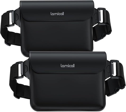 Lamicall Waterproof Fanny Pack Pouch - Large 8.7” Capacity fits iPad Mini & iPhone 17 16 15 Pro Max with Case - IPX8 Submersible Dry Bag for Cruise Essentials, Snorkeling, Kayaking, Black 2-Pack