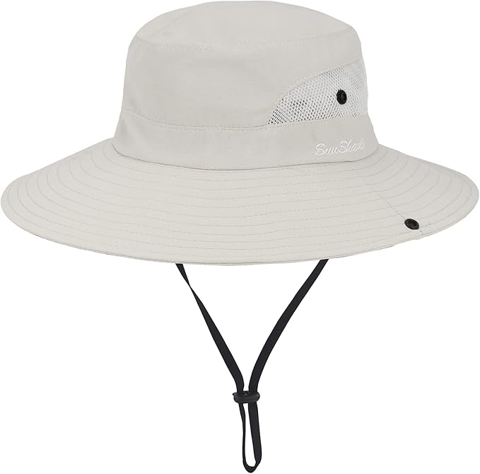Womens Summer Sun-Hat Outdoor UV Protection Fishing Hat Wide Brim Foldable-Beach-Bucket-Hat with Ponytail-Hole