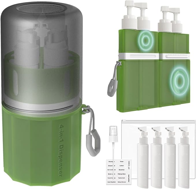 4 in 1 Travel Dispenser Bottle, TSA Approved Refillable Shampoo and Conditioner Bottles Set with Suction Cup for Smooth Walls, Travel Size Toiletries Container for Body Wash/Lotion.(Green)