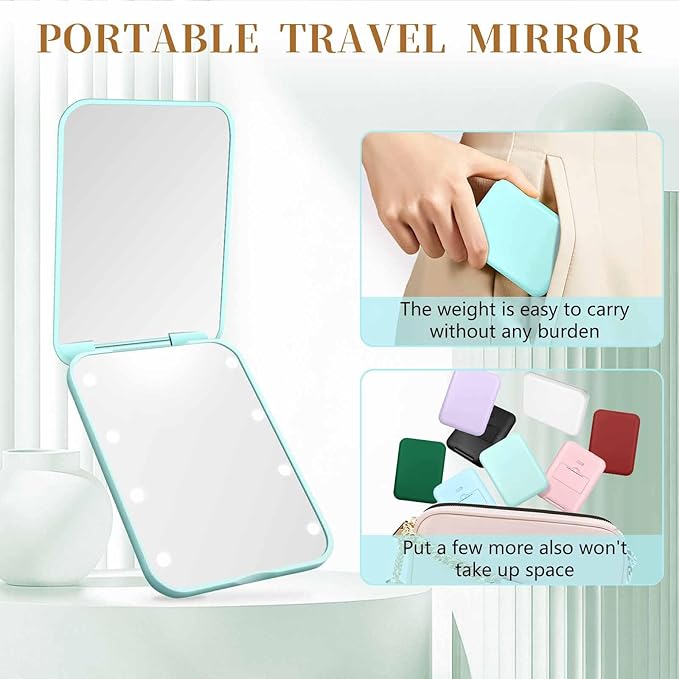 Kakuje Compact Mirror, 1X/3X Magnification LED Pocket Mirror with Nternal BIattery, Mini Mirror for Purse, Pocket,Travel and Present (Mint Green)