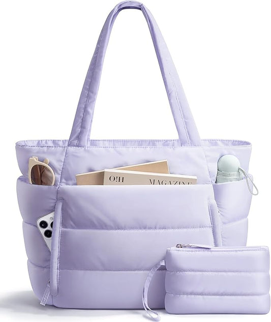 Bagstellar Puffer Tote Bag for Women, Lightweight Puffy Work Handbag Teacher Nurse Quilted Shoulder Bag for School Travel Gym | Cloud Bag w/ Zipper