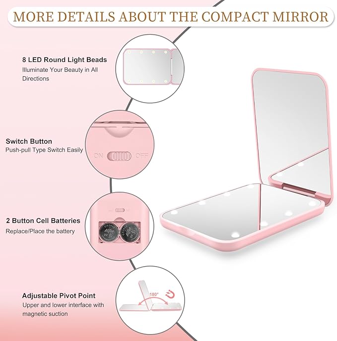 Kakuje Compact Mirror, 1X/3X Magnification LED Pocket Mirror with Nternal BIattery, Mini Mirror for Purse, Pocket,Travel and Present (Pink)