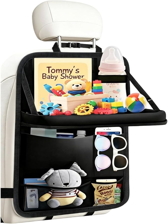 TCJJ Car Seat Organiser, Car Organiser Back Seat for kids, Car Backseat Seat Kick Protector with Tray and Touch Screen Tablet Storage Pockets (1 Pack with Food Tray-Black)