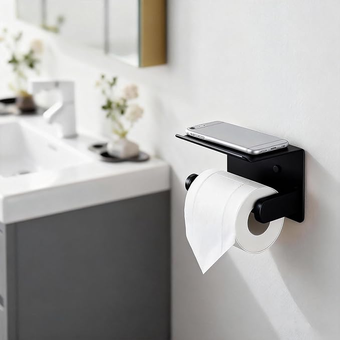 Toilet Paper Holder with Shelf, Heavy-Duty Stainless Steel Bathroom Hardware, Self-Adhesive No-Drill/Drill-Mount Wall-Mounted Roll Holder, Rust-Proof Bathroom Tissue Rack (Black)