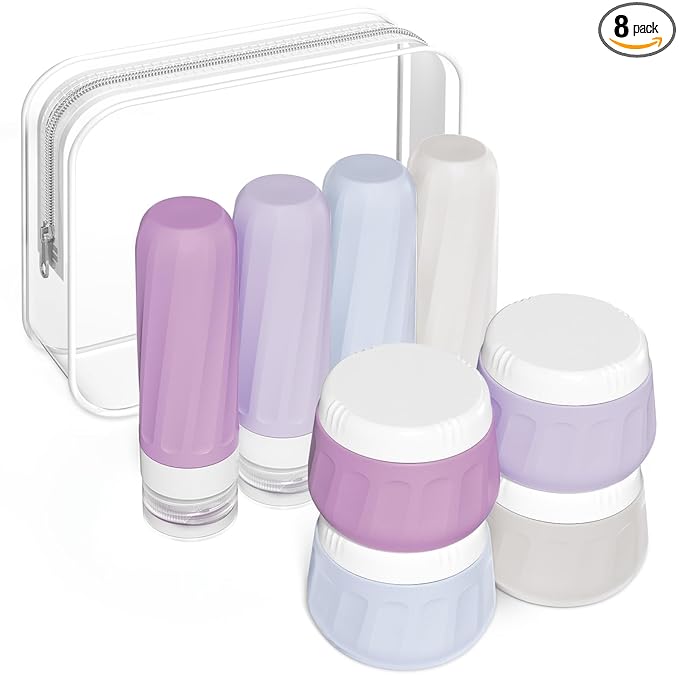 Mrsdry Travel Size Toiletries 8 Pack, TSA Approved 3oz Silicone Squeeze Bottles & Cream Jars with Clear Travel Bag