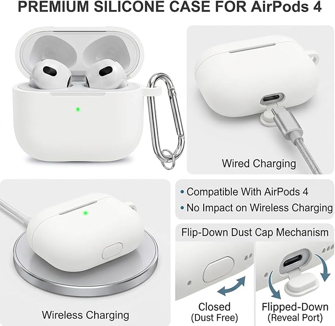 for Airpods 4th Case Cover, Come with Cleaner Kit,Soft Skin Silicone Case Cover with Keychain, Full Protective Case for Men and Women, Compatible with AirPods 4th Generation Case,White