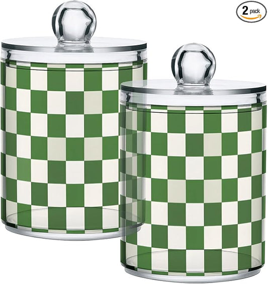 2 Pack Qtip Holder Organizer Dispenser Green White Checkered Pattern Bathroom Storage Canister Cotton Ball Holder Container for Cotton Pads/Swabs/Floss