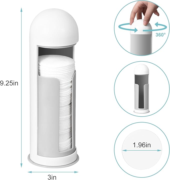 bodkar Cosmetic Cotton Pad Rounds Holder with Rotating Lid, Cotton Pads Dispenser Modern White Plastic Organizer Storage