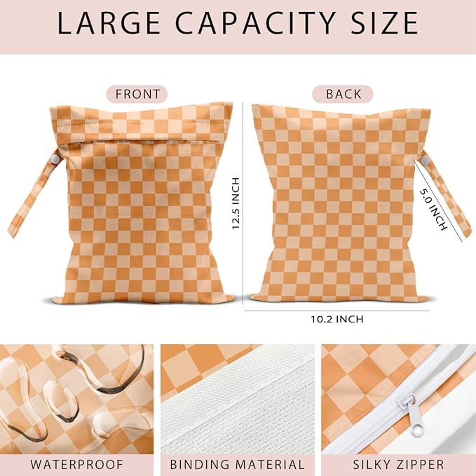 Wet Bag, 4Pcs Wet Dry Bag Set, Reusable Waterproof Bags with Mixed Checkerboard & Blue Diamond Lattice for Women, Ideal for Beach Vacations, Pool Days, Travel & Daily Essentials Storage