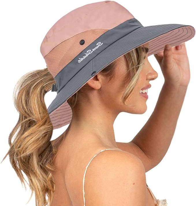 Sun Hat for Women Summer UV Protection Beach Hat Wide Brim Mesh Bucket Fishing Hat with Ponytail Hole Foldable Packable Hat