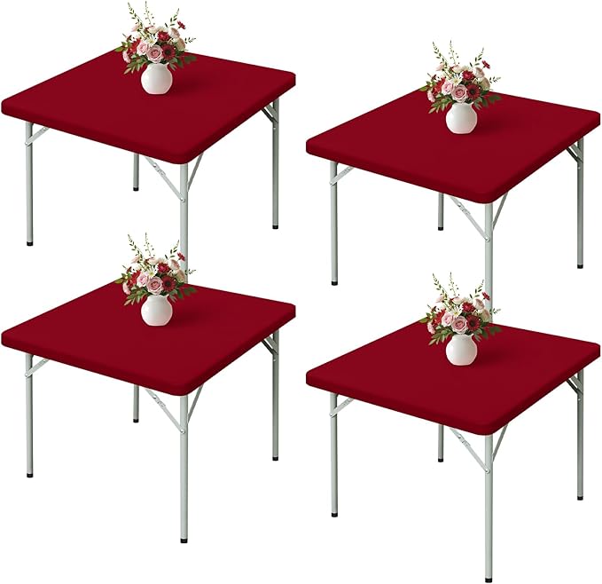 Wolkemer 4 Pack Burgundy Fitted Tablecloth 34x34 Inch Square Elastic Edges Table Cloth, Spandex Stretch Table Cover with Machine Washable Fabric for Wedding Party Picnic Dining Indoor Outdoor